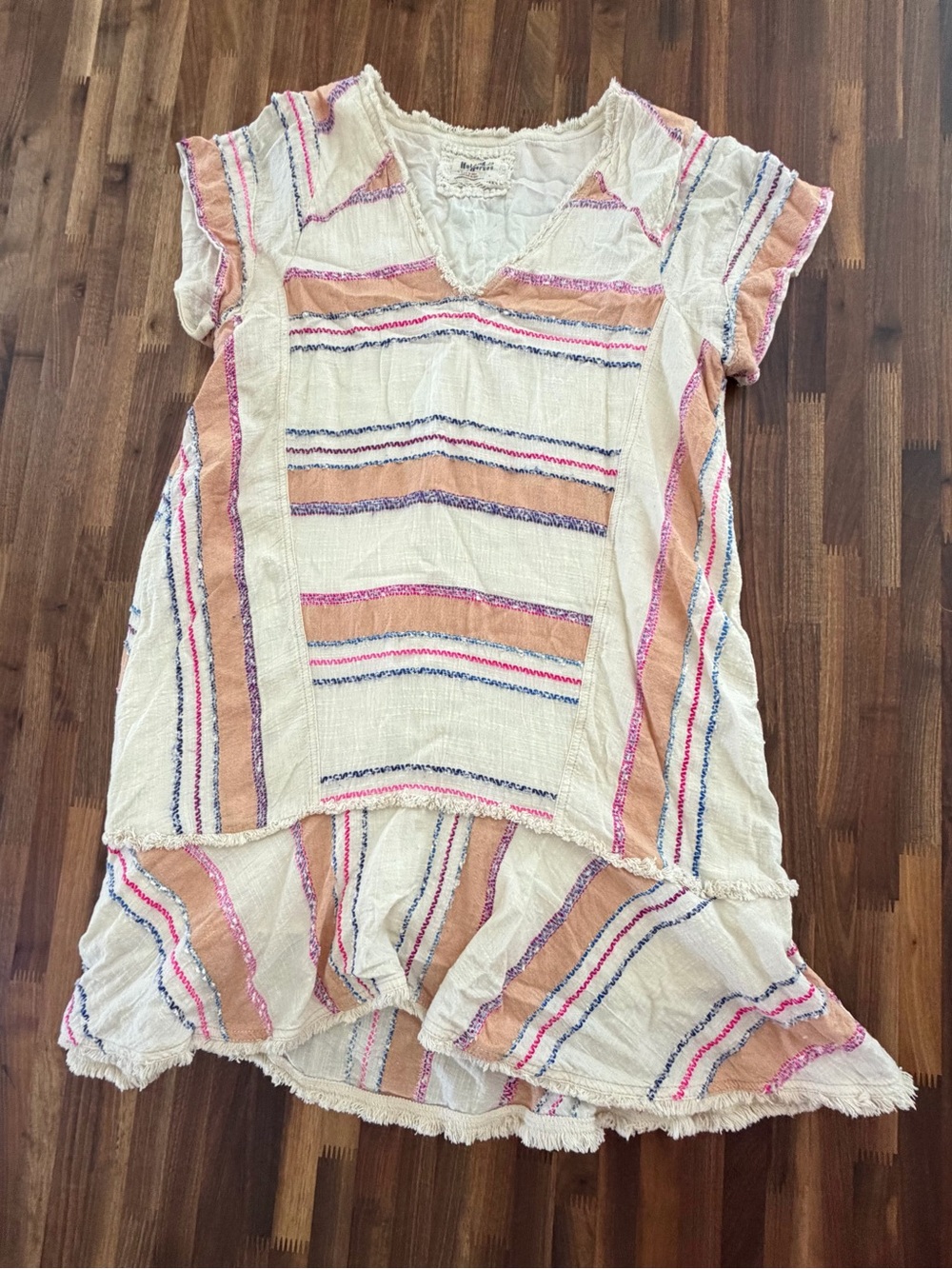 Anthropologie HOLDING HORSES Cream Sarape fabric Dress w/Pink & Blue Stripes - Picture 1 of 9
